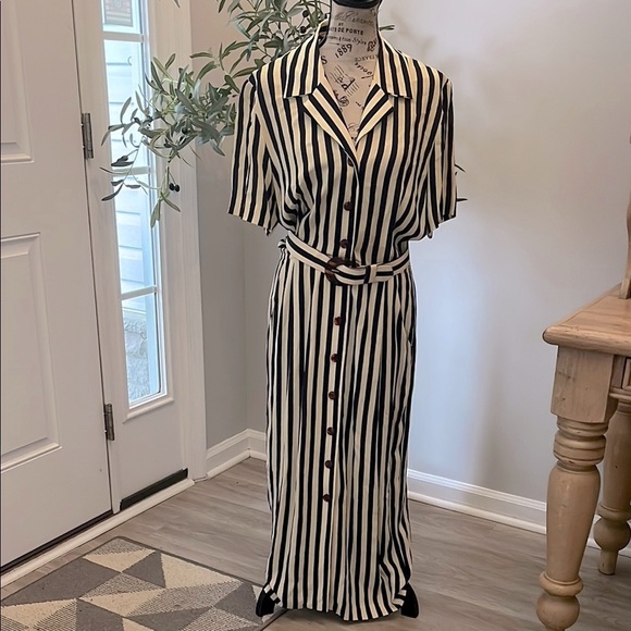 Vintage Land’s End Shirtdress Short Sleeves Striped Button Front Belt 1980’s - Picture 1 of 9